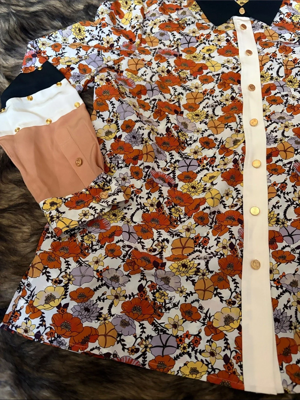 Tory Burch Silk Shirt Ditsy Blossom Patchwork Stud Print Floral Orange Size 10